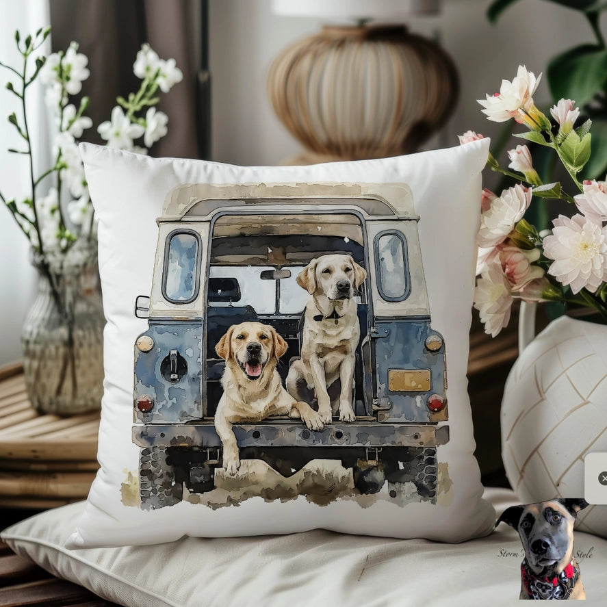 Dog Land Rover Cushion - Yellow Labrador - White Back