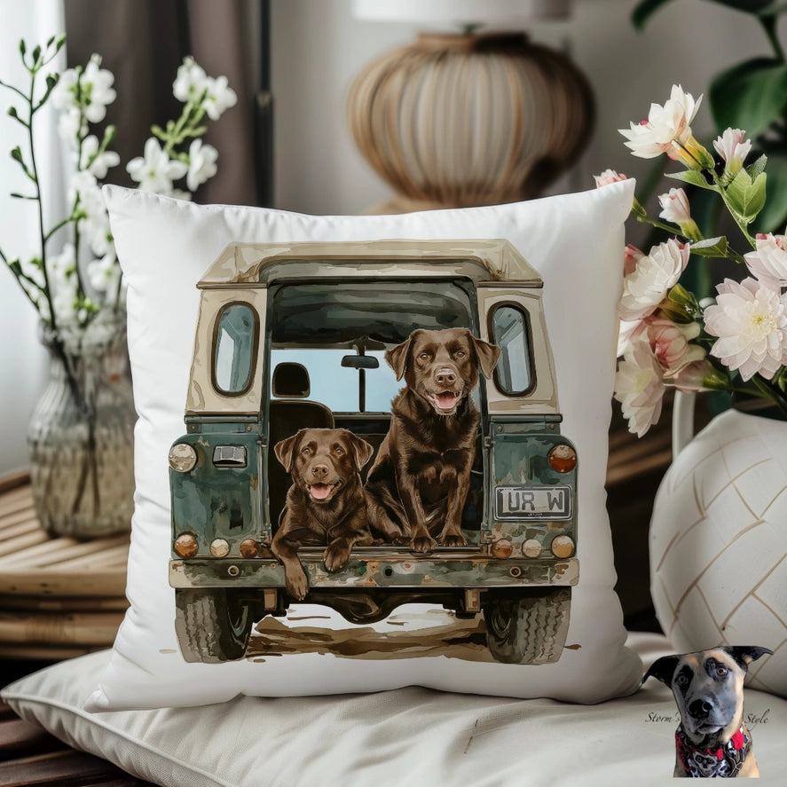 Dog Land Rover Cushion - Chocolate Labrador - White Back