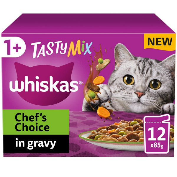WHISKAS 1+ Cat Pouches Tasty Mix Chefs Choice in Gravy 12x85g