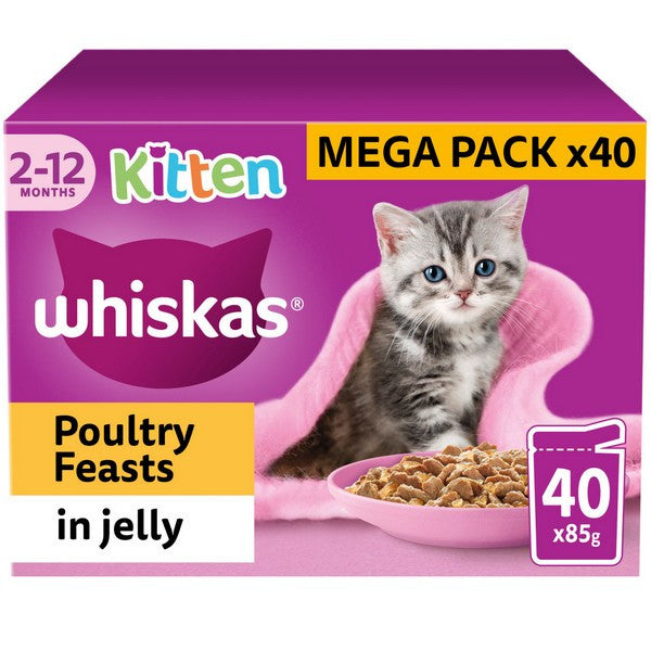 Whiskas Kitten 2-12mths Cat Pouches Poultry Feasts in Jelly 40x85g