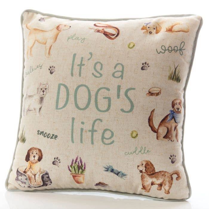 It's A Dogs Life Printed Polyester Cushion With Reverse Repeat Pattern