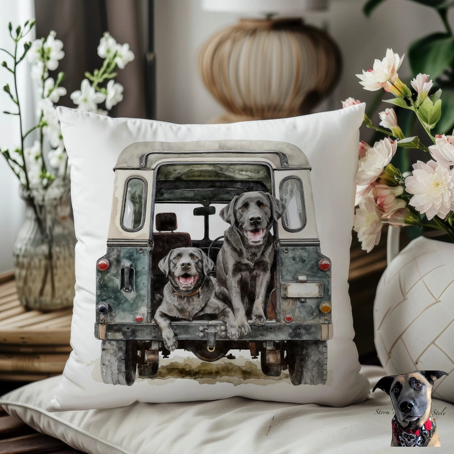 Dog Land Rover Cushion - Black Labrador - White Back