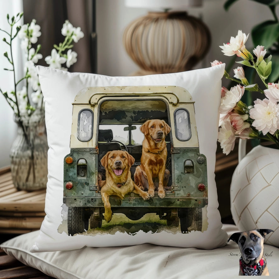 Dog Land Rover Cushion - Red Labrador - White Back
