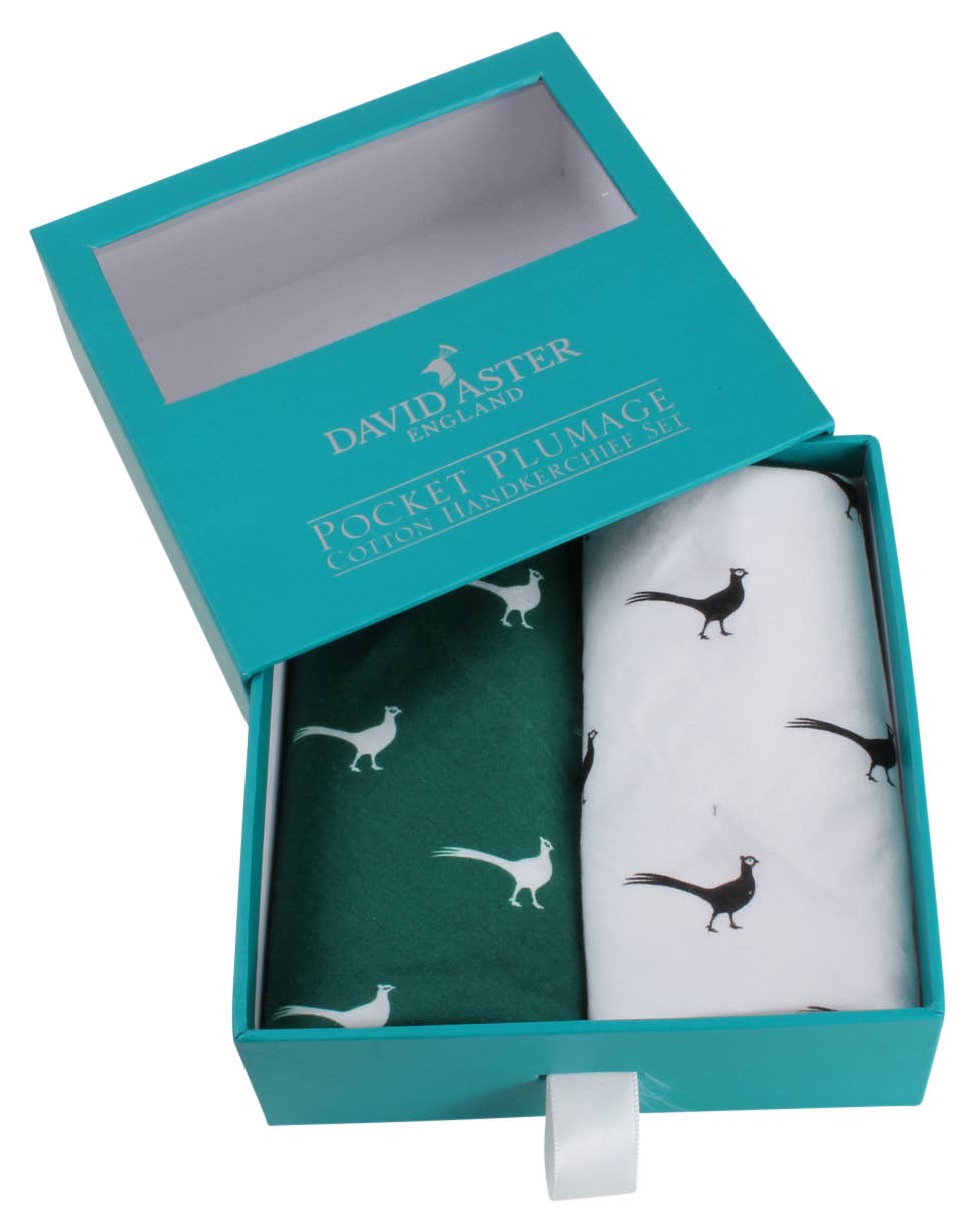 Green & White Pheasant Print Handkerchief Set