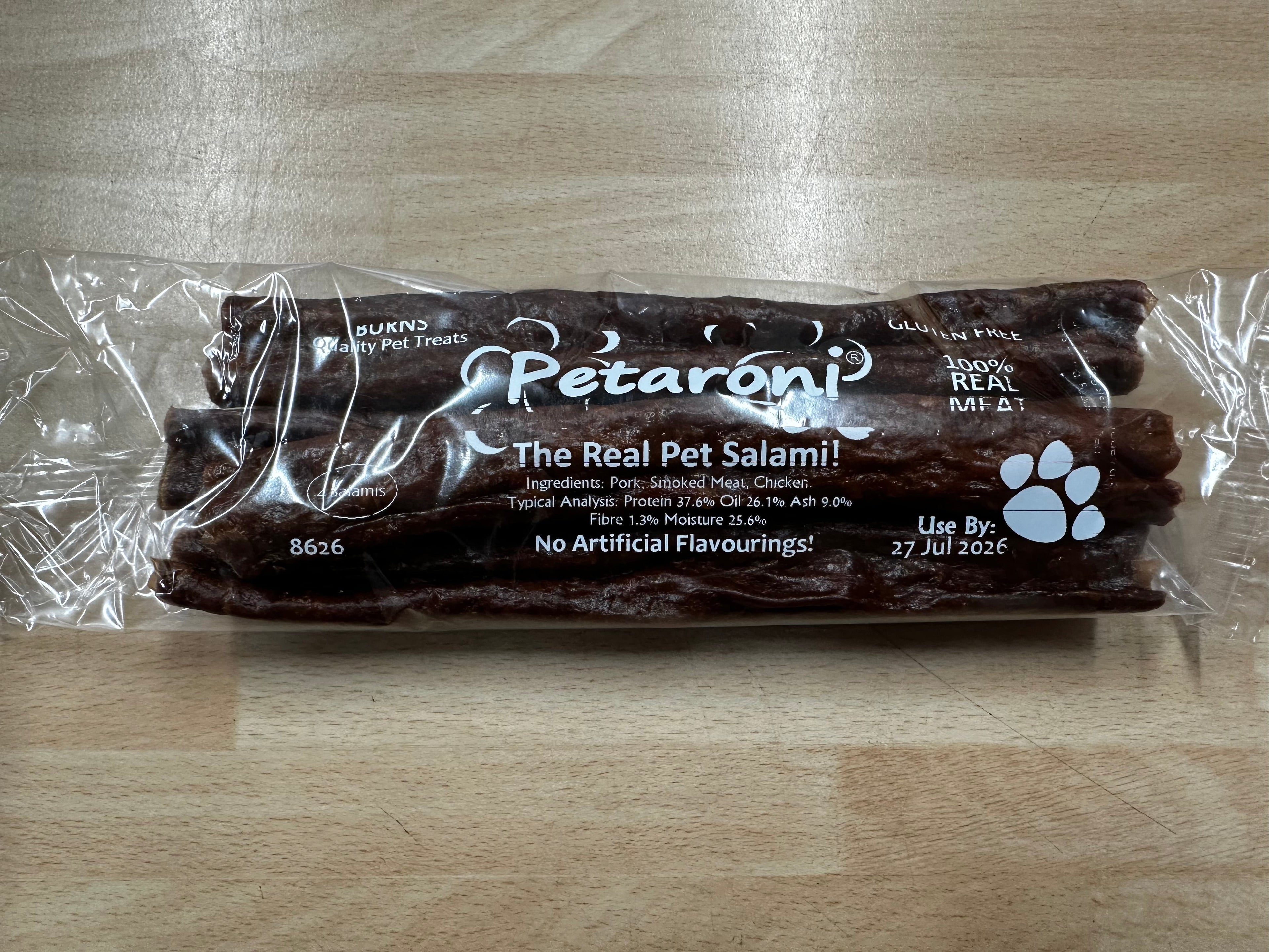 Petaroni pet salami packaging on a wooden surface