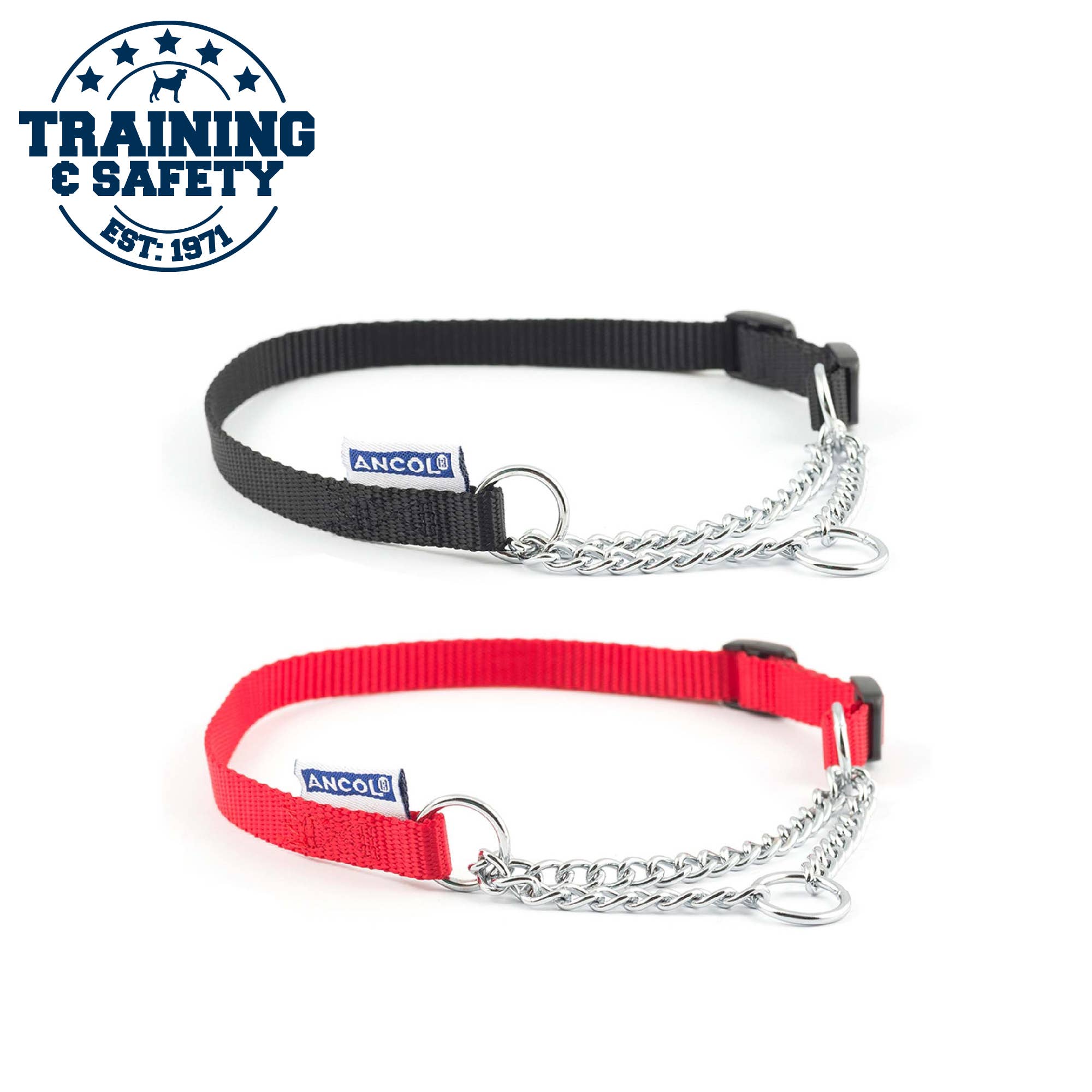 Nylon & Chain Dog Collar - Red or Black: Black / Collar 2-4